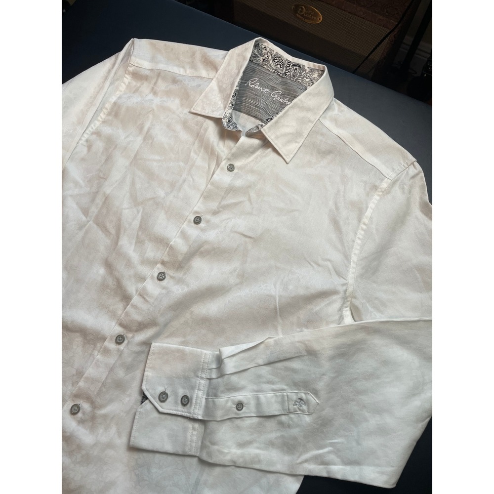 Robert Graham Button Down Shirt Mens XL White Excellent Jacquard Floral Paisley